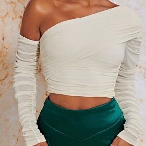 Asymmetrical Neck Ruched Side Wrap Glitter Top